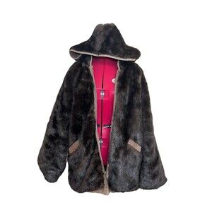 Charles Klein Coat Suede Leather Faux Fur Reversible Zip Up Hooded Brown Sz M